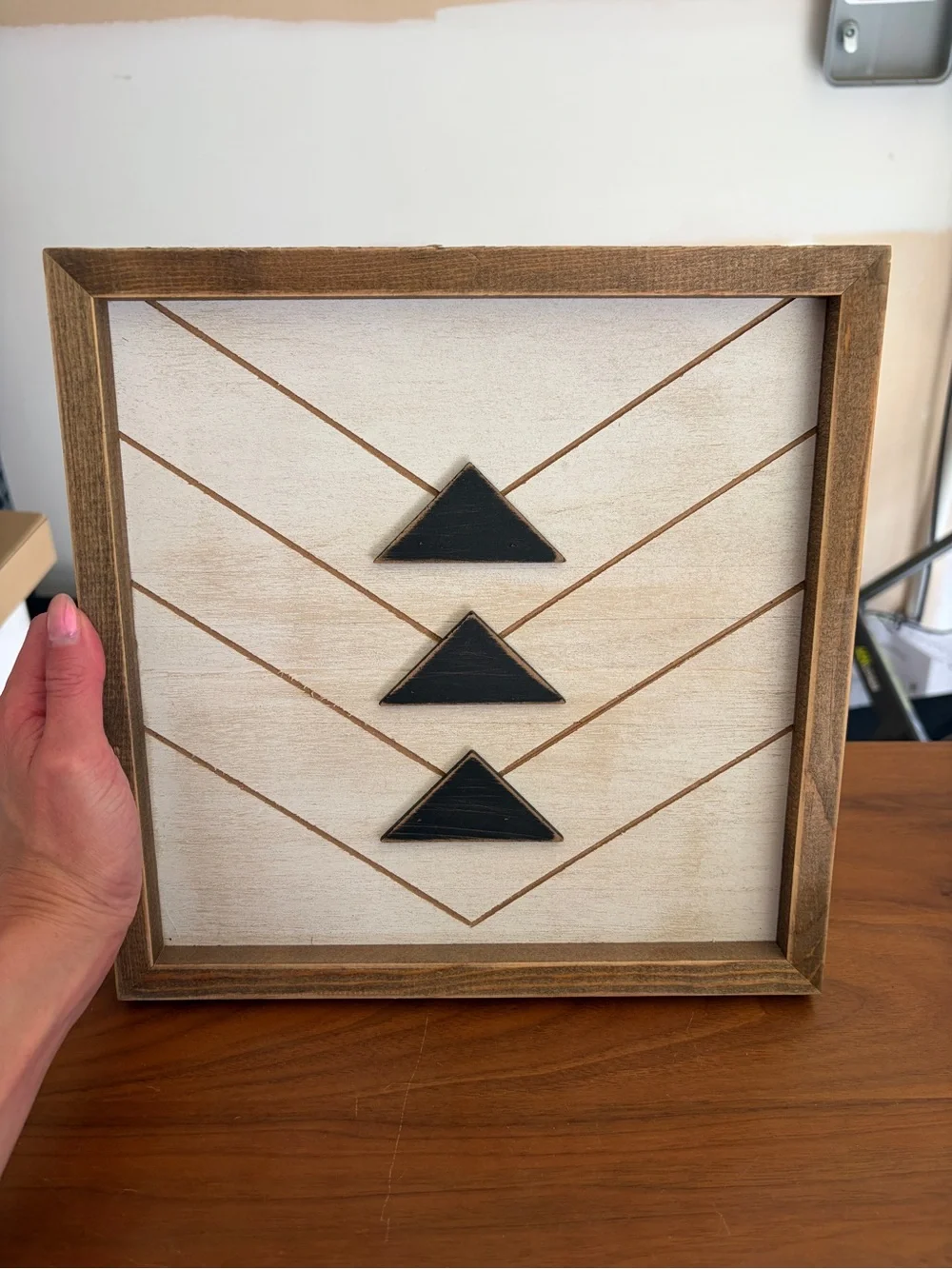Boho Framed Wooden Triangle Wall Art in Black and Natural 11in by 11in